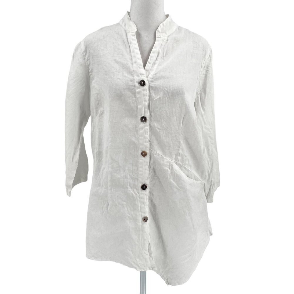 Color Me Cotton Click 100% Linen Asymmetrical Blouse Top Pocket White size Small